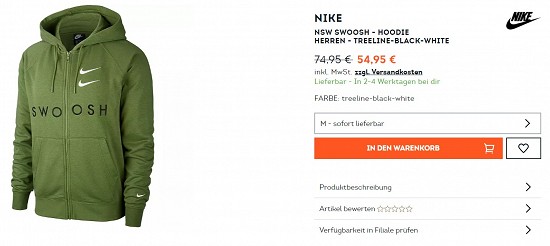 NIke NSW Swoosh - Hoodie Herren 54,95€ - 27% Ersparnis