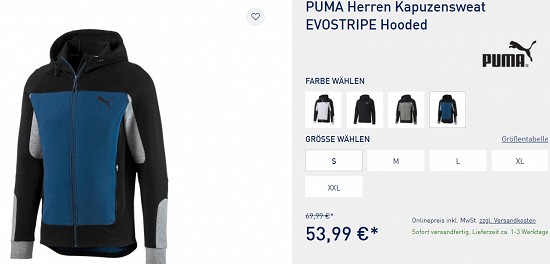 Puma Herren Kapuzensweat Evostripe Hooded 53,99€ - 23% weniger