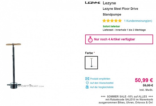 Lezyne Steel Floor Drive Standpumpe 50,99€ - 15% Ersparnis