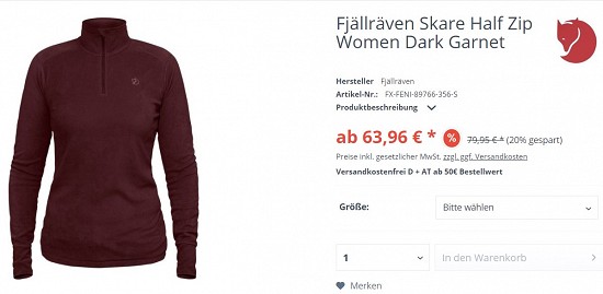 Fjällräven Skare Half Zip Women Dark Garnet 63,96€ - 20% günstiger