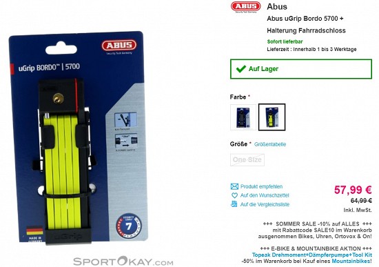 Abus uGrip Bordo 5700 + Halterung Fahrradschloss 57,99€ - 11% Ersparnis