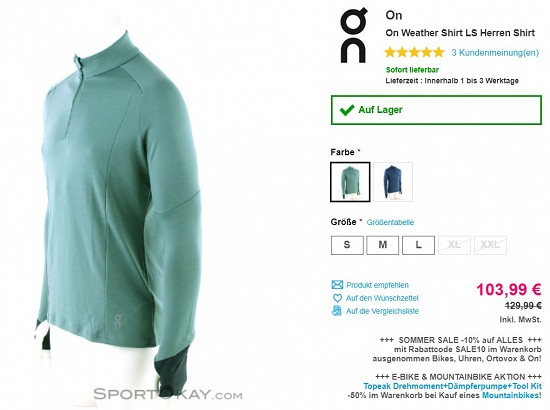 On Weather Shirt LS Herren Shirt 103,99€ - 20% gespart