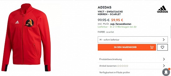 Adidas Vrct - Sweatjacke Herren - Scarlet 59,95€ - 40% gespart