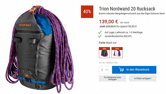 Trion Nordwand 20-Rucksack für 139€ statt 229,95€ - jetzt 40% reduziert