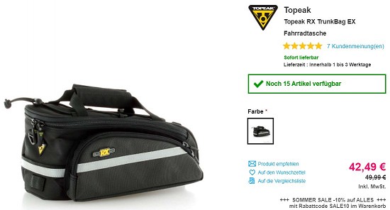 Topeak RX TrunkBag EX Fahrradtasche 42,49€ - 15% Ersparnis