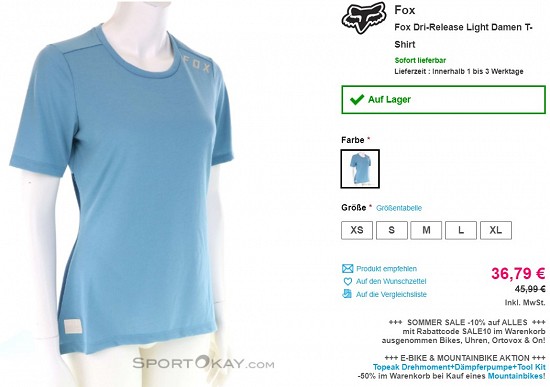 Fox Dri-Release Light Damen T-Shirt 36,79€ - 20% weniger