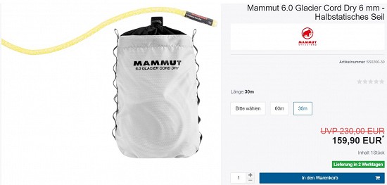 Mammut 6.0 Glacier Cord Dry 6 mm - Halbstatisches Seil 159,90€ - 30% gespart