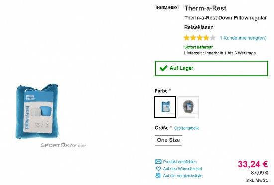 Therm-a-Rest Down Pillow regulär Reisekissen 33,24€ - 12% billiger