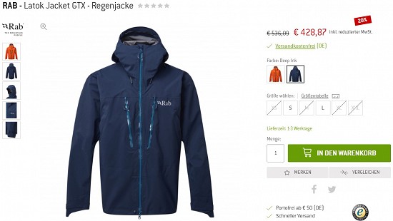 RAB - Latok Jacket GTX - Regenjacke 428,87€ - 20% billiger