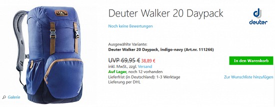 Deuter Walker 20 Daypack für 38,89€ - jetzt 44% reduziert