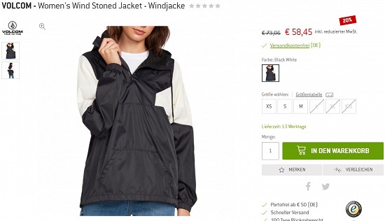 Volcom- Women's Wind Stoned Jacket - Windjacke 58,45€ - 20% gespart