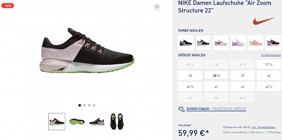 NIKE Damen Laufschuhe "Air Zoom Structure 22" für 59,99€ - 50% billiger