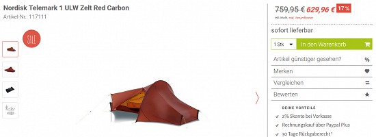 Deal der Woche - Nordisk Telemark 1 ULW-Zelt für 629,96€ - jetzt 17% reduziert bei trekking-lite-store