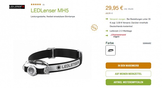 LEDLenser MH5-Stirnlampe für 29,95€ - jetzt 23% reduziert
