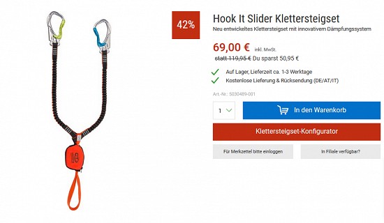 Climbing Technology Hook It Slider-Klettersteigset 42% reduziert bei bergzeit