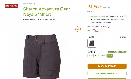 Sherpa Adventure Gear Naya 5-Damenshort für 24,95€ - jetzt 49% reduziert