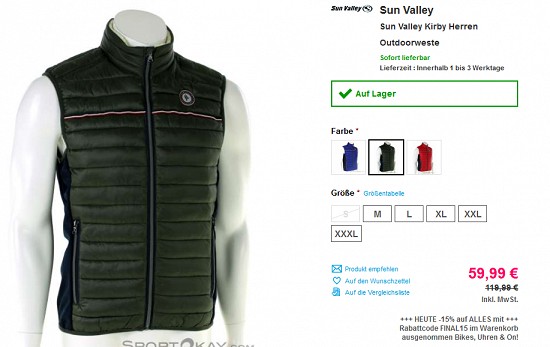 50 % Rabatt auf ausgewählte Jacken und Westen von Sun Valley