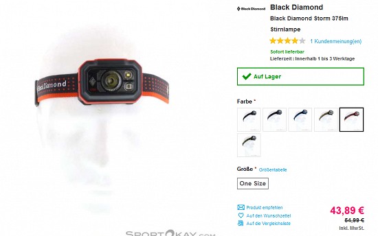Black Diamond Storm 375lm-Stirnlampe - jetzt 20 % reduziert bei sportokay