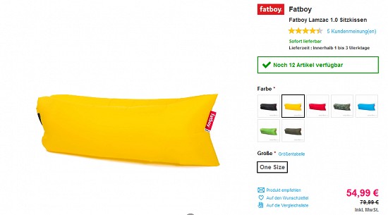 Fatboy Lamzac-Sitzkissen für 54,99 € - jetzt 31 % reduziert bei sportokay