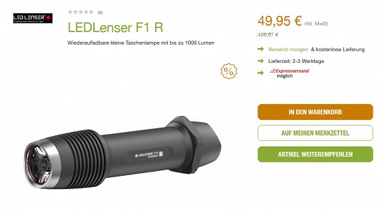 LEDLenser F1 R-Taschenlampe für 49,95 € - jetzt 61 % günstiger