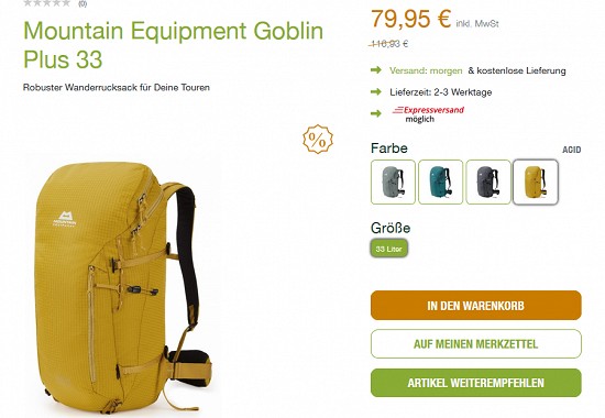 Mountain Equipment Goblin Plus 33-Wanderrucksack für 79,95 € - jetzt 32 % reduziert