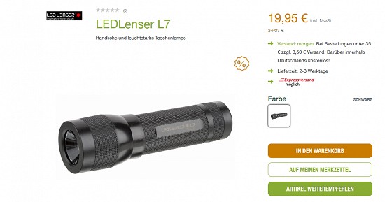 LEDLenser L7-Taschenlampe für 19,95 € - jetzt 41 % reduziert