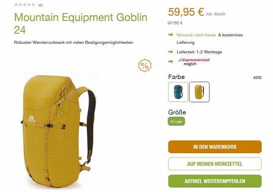Mountain Equipment Goblin 24-Wanderrucksack für 59,95 € - jetzt 32 % reduziert