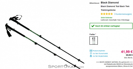 Black Diamond Trail Back Trek-Trekkingstöcke für 41,99 € - jetzt 40 % reduziert bei sportokay