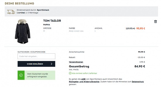 15€ geschenkt auf Jacken-Topseller bei sportscheck.com