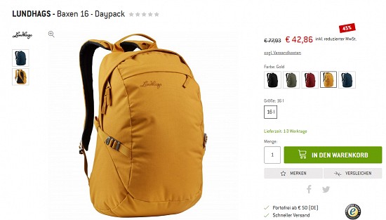 Bergfreunde Preisgrounder - zwei Daypacks von Lundhags 45 % reduziert