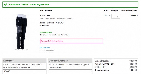 15 % Rabatt auf ausgewählte Marken bei sportokay