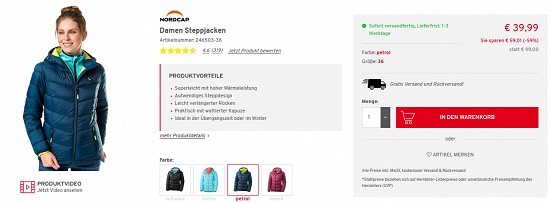Nordcap Steppjacken (m/w) für 39,99 € statt 99 € bei vorteilshop - 59 % gespart