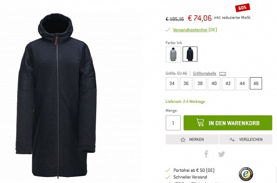 Preisgrounder des Tages - 2117 of Sweden Jacke (m) und Mantel (w) 60 % reduziert bei bergfreunde