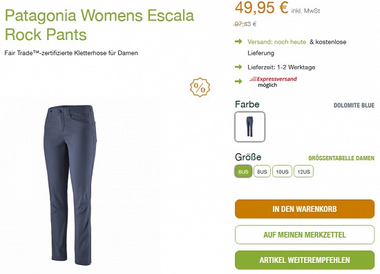 Patagonia Womens Escala Rock Pants-Kletterhose für 49,95 € - jetzt 49 % reduziert