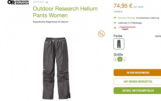 Outdoor Research Helium Pants Women-Regenhose für 74,95 € - jetzt 36 % günstiger als bisher