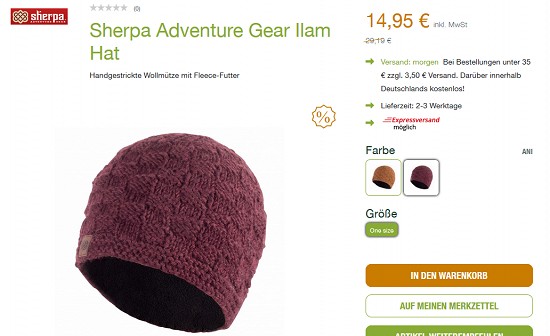 Sherpa Adventure Gear Ilam Hat-Wollmütze für 14,95 € - jetzt 50 % reduziert