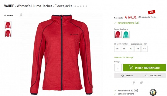 Bergfreunde Preisgrounder - Vaude Hiuma-Jacke (m/w) 45 % reduziert