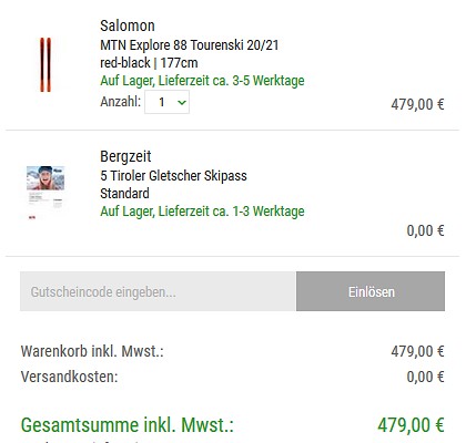 Gratis Tagesskipass ab 300 € Einkaufswert bei bergzeit