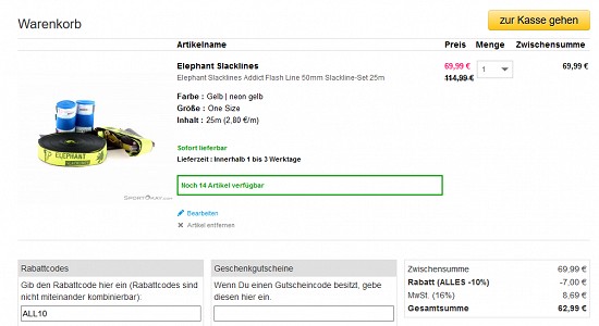 Elephant Slacklines Addict Flash Line 50mm Slackline-Set 25m für 62,99 € - 45 % Ersparnis