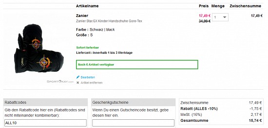 Mindestens 30 % Rabatt auf Handschuhe von Zanier bei sportokay