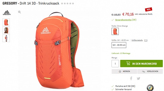 Gregory Drift 14 3D-Trinkrucksack für 70,16 € - jetzt 40 % reduziert