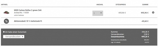 10 % Rabatt auf Zelte und Rucksäcke bei trekking-lite-store - nur noch heute!