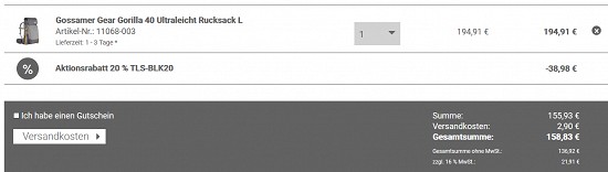 20 % Rabatt auf fast alles bei trekking-lite-store - nur an diesem Wochenende