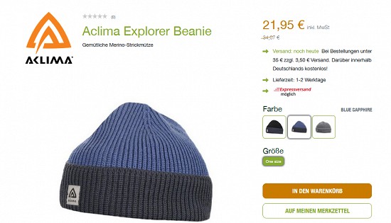 Zwei Beanies von Aclima für je 21,95 € - jetzt 36 % reduziert