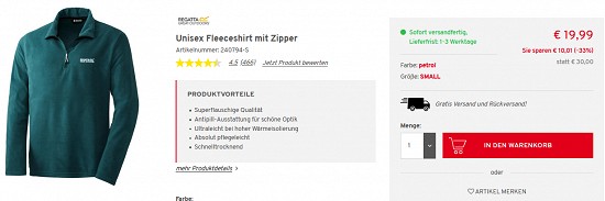 Regatta Unisex Zipp-Fleeceshirt für nur 19,99 € - jetzt 33 % reduziert bei vorteilshop