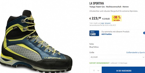 XMAS-Deal bei sportler - 30 % Rabatt auf den "La Sportiva Trango Tower Gtx"-Bergschuh