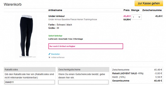 30 % Rabatt auf ausgewählte Under Armour-Deals bei sportokay