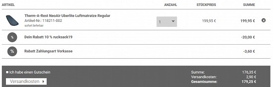 10% Rabatt auf Rucksäcke und Isomatten bei trekking-lite-store.com