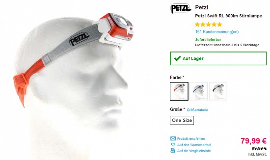 Petzl Swift RL 900lm-Stirnlampe für 79,99 € - jetzt 20 % reduziert bei sportokay