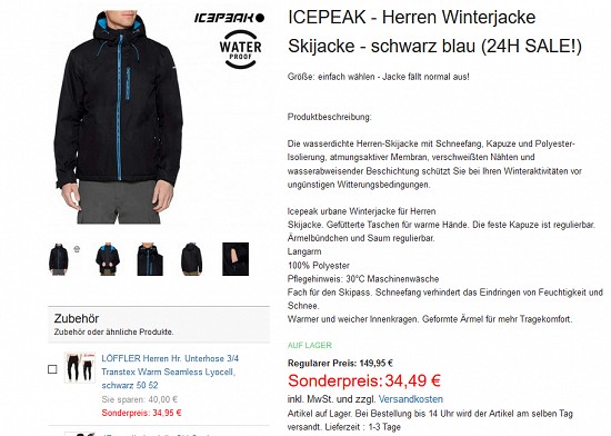 24-h-Sale bei hive-outdoor.com - Icepeak Winterjacke (m) 76% reduziert & weitere Deals